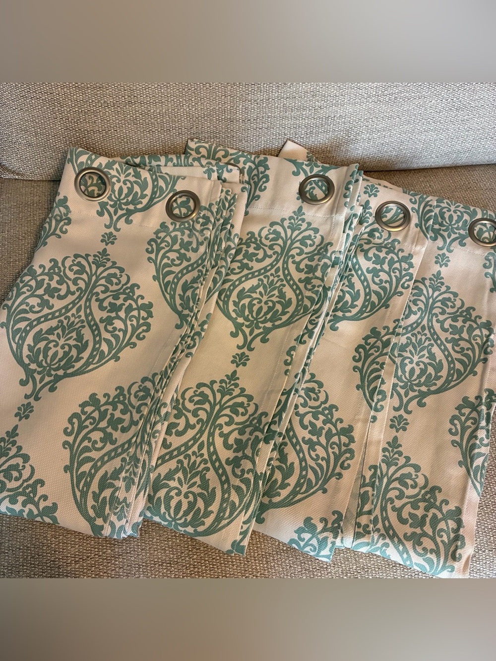 set of 4 white & blue damask pattern grommet top 50” x 95” curtain panels